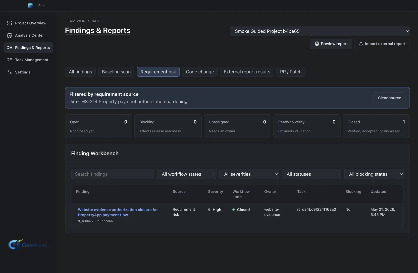 Findings filtered from requirement source